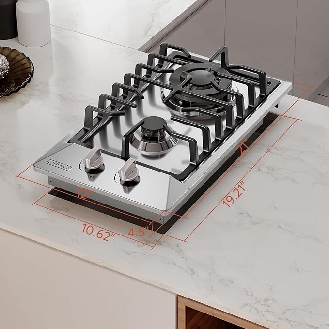 Empava 12" Gas Stove Cooktop with 2 Italy Sabaf Sealed Burners NG/LPG Convertible in Stainless Steel, 12 Inch