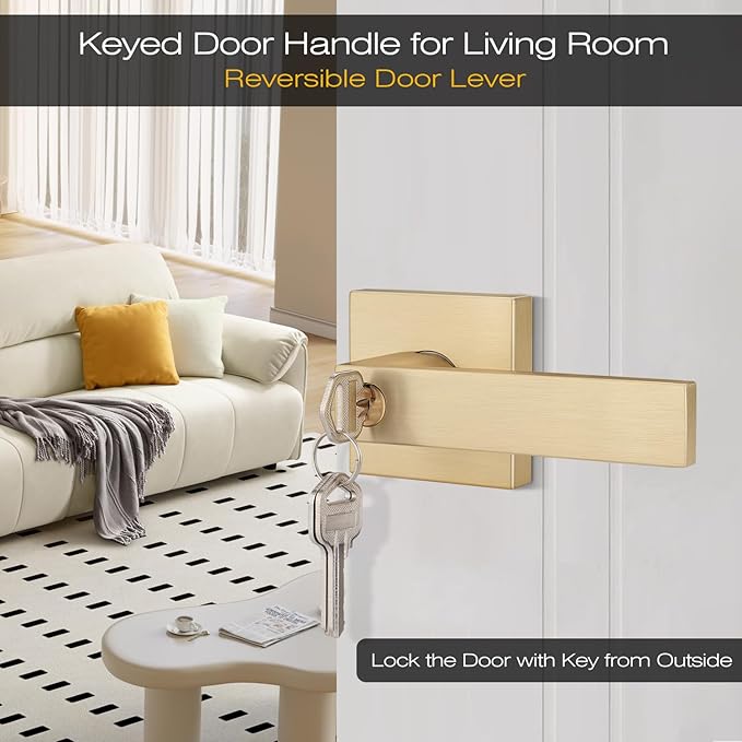 EHOMEWARE 5 Pack Entry Door Levers with Keys for Exterior Front Doors All Keyed Same, Satin Brass Finish, Keyed Alike for Bedroom Bathroom Interior Doors, Modern Gold Door Handles