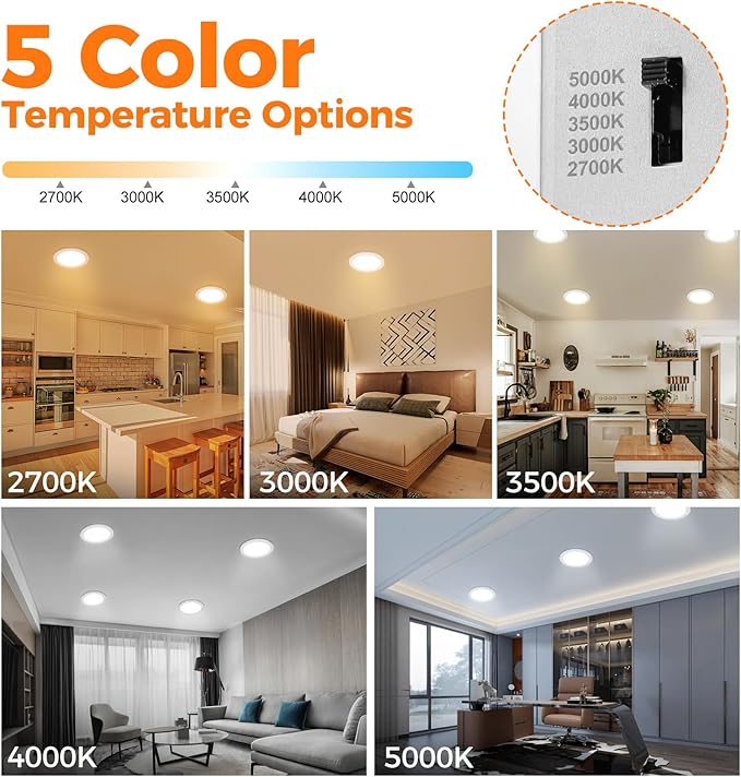 12 Pack 8 Inch 5CCT LED Recessed Ceiling Light with Night Light, Dimmable Canless Wafer Downlight, 2700K/3000K/3500K/4000K/5000K Selectable, Ultra-Thin, 15W, ETL, White