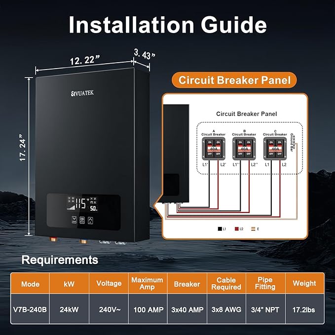 Electric Tankless Water Heater SIVUATEK 24kW, 240V - On-Demand Hot Water for Whole House - ETL Certified, Self Modulating - Compact Design for Easy Installation - for 4 Point of Use Hot Water