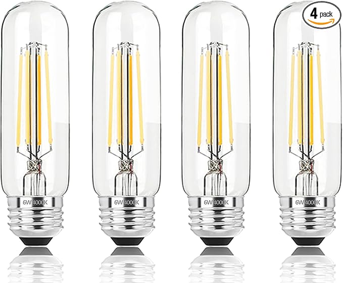 5 Inch E26 Led Bulb Equal 80 Watt, 4000k Neutral White Edison Bulb 6W Dimmable, 800LM T10 T9 Clear Glass Tubular Light Bulbs AC 120V for Chandelier Pipe Pendant Wall Light - UL Cert 4Pack