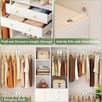 Closet System, 4.2–8.8 FT Closet Organizer with 2 Wooden Drawers and Shelves, Walk-in Closet System with 5 Hang Rods, Built-in Reach in Closet Tower, Can Fit 60 to 96 inch, White