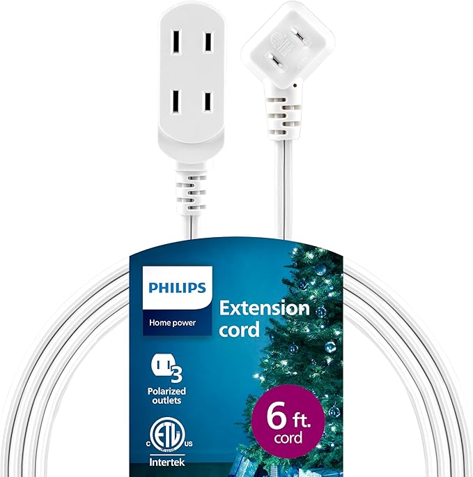 Philips 3-Outlet Extension Cord with Multiple Outlets, 6 Ft Flat Plug Extension Cord, Indoor Extеnsion Cоrd with Safety Slide, Short Extеnsion Cоrd, 2 Prong White Extensiоn Ϲord ETL Listed SPS3613W/37