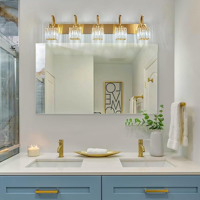 5-Light Crystal Vanity Light, Modern Gold Bathroom Wall Sconce with K9 Crystal Shades, 42.51" Long Over Mirror Lighting for Vanity, Makeup, Hallway, Elegant & Easy Installation