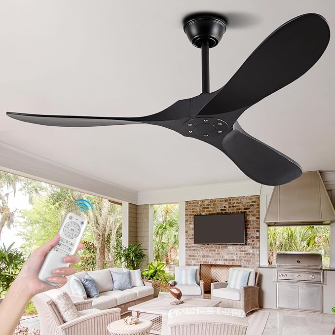52" Ceiling Fans Without Lights, Solid Wood Ceiling Fan with Remote Control and Quiet DC Motor, Ceiling Fan no Light 3 Blades, Indoor Outdoor Ceiling Fans for Patios, Bedroom- Black