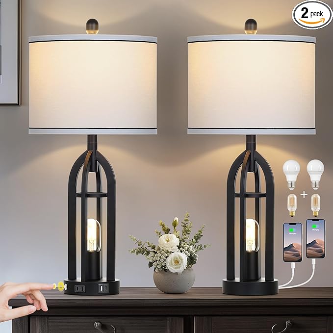 27" Black Table Lamp for Living Room,Black Table Lamps Set of 2 with USB & AC Outlet, 3-Way Dimmable Farmhouse Lamps for Night Stands, Vintage Bedside Lamp for End Tables, Nightstand Lamps for Bedroom