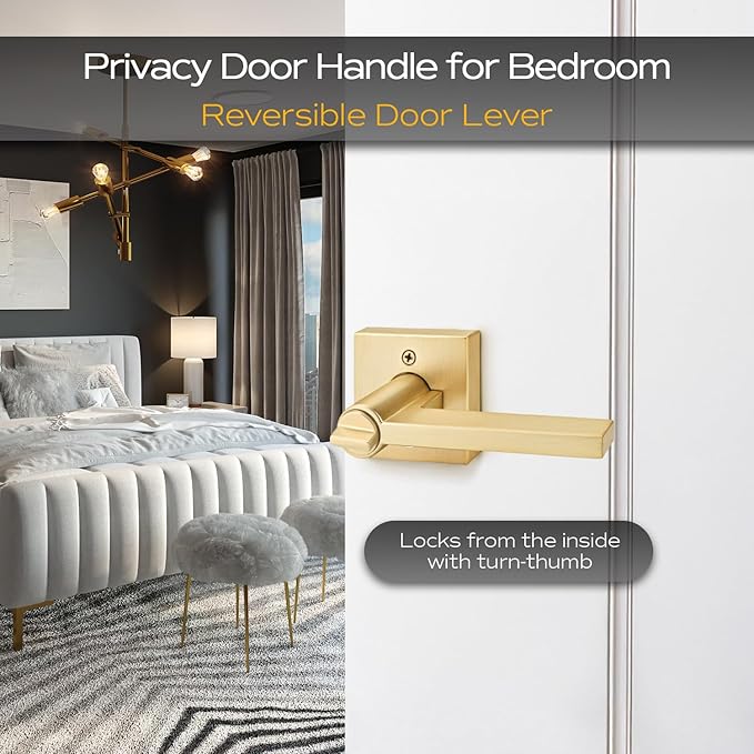 EHOMEWARE 4 Pack Privacy Door Levers, Gold Interior Door Handles for Bedroom or Bathroom, Keyless Heavy Duty Interior Door Knob, Zinc Alloy Modern Door Hardware & Locks