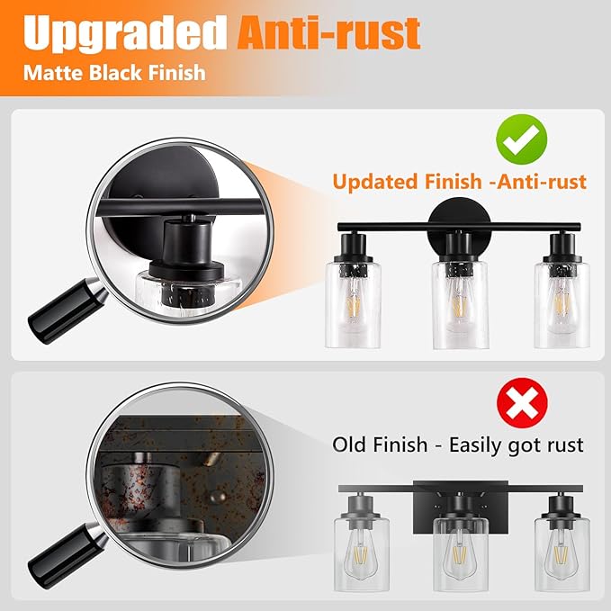 DLLT 3-Light Bathroom Light Fixtures: Black Modern Vanity Lights with 3 E26 Bulbs - Bubbled Glass Shade Bathroom Wall Lamp for Mirror Kitchen Living Room Hallway Cabinet Porch