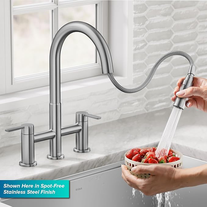 KRAUS Oletto Bridge Kitchen Faucet with Pull-Down Sprayhead in Matte Black, KPF-3122MB