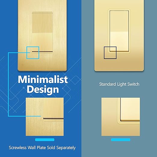 LIDER Brushed Gold Minimalist Decorator Switch with Screwless Wall Plate, Frameless Wall Light Switch, On/Off Rocker Switch, 3-Way or Single Pole, Residential Grade, UL Listed, 3 Wire, 15A 120-277VAC