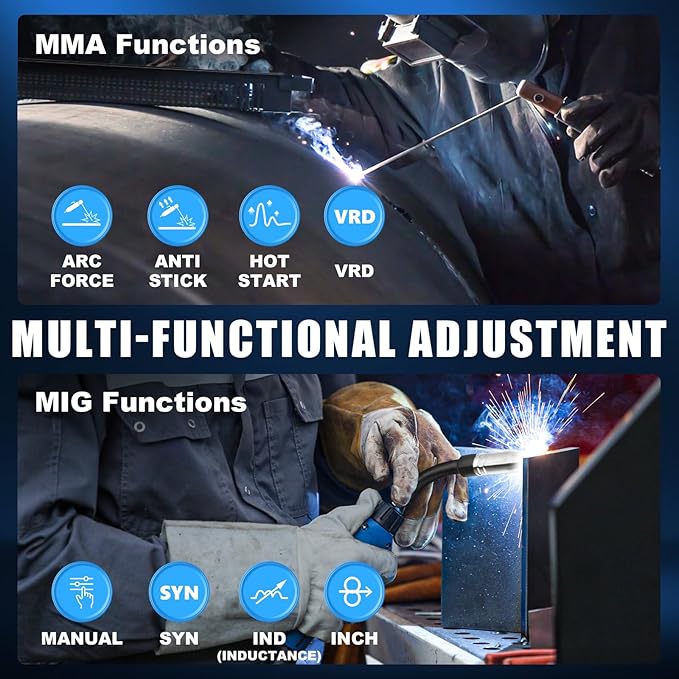 AZZUNO 200A MIG Welder,110V/220V Dual Voltage multiprocess welder,Gas Gasless MIG Welding Machine,4 in 1 Flux MIG/Solid Wire/Lift TIG/Stick ARC Welder (Grey)