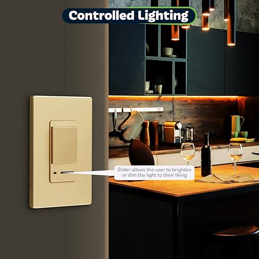 TOPGREENER Dimmer Switch with Light Adjustment Slider, Single Pole or 3 Way, 150W LED, 600W Incandescent/Halogen, 120V 60Hz, UL Listed, TGDMDS-120-GD, Gold