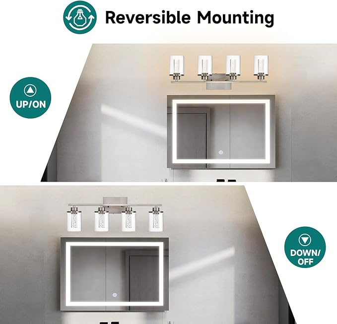 4-Light Modern Bathroom Light Fixtures Over Mirror,Brushed Nickel Led Vanity Lighting Fixtures with 5CCT Dimmable LEDs,Clear Glass Shades &Wall Sconces Lighting Design for Bedroom,Livingroom