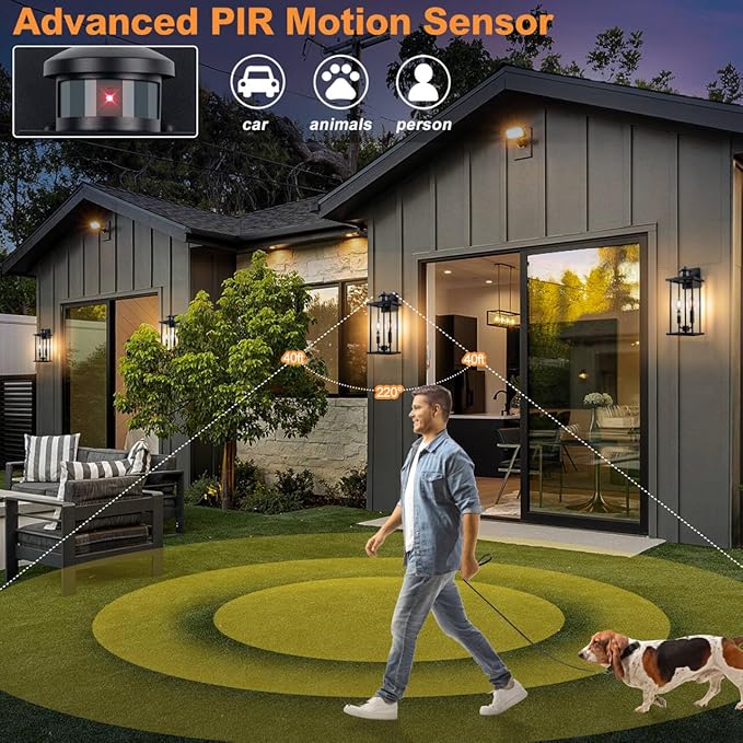 Large Motion Sensor Outdoor Sconce 2-Pack, 16" Black Dusk to Dawn Wall Light, Outdoor Wall Mount Fixtures, 2-Light Exterior Waterproof Wall Lights, Doorway, House Front Door, Patio, Garage