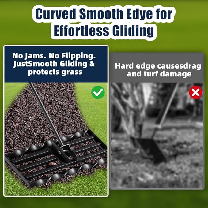 Lawn Leveling Rrakes (17x10 inch),Lawn Leveling Tool ,Spiral Patented Design with a 72" Handle rake, Suitable for backyards, Gardens, Golf Courses, Farms, Pastures