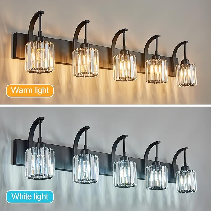 5-Light Crystal Vanity Light, Modern Black Bathroom Wall Sconce with K9 Crystal Shades, 42.51" Long Over Mirror Lighting for Vanity, Makeup, Hallway, Elegant & Easy Installation