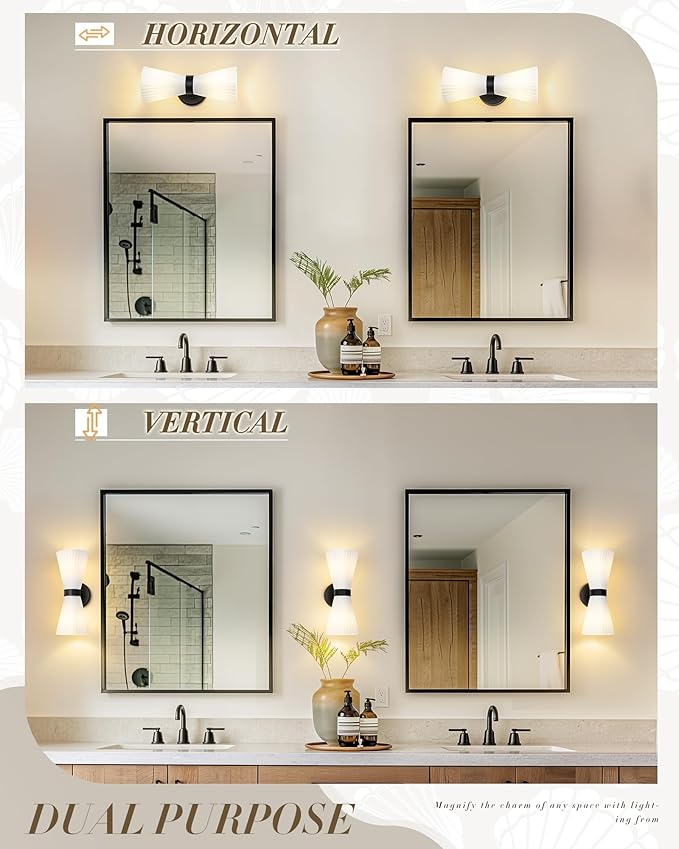 Black Wall Sconces Set of Two, HWH Modern Wall Light Fixtures Indoor Wall Lamp Up and Down, Matte Black Finish with Frosted Milk White Striped Glass Shade, 5HZG97B-2W-2PK BK