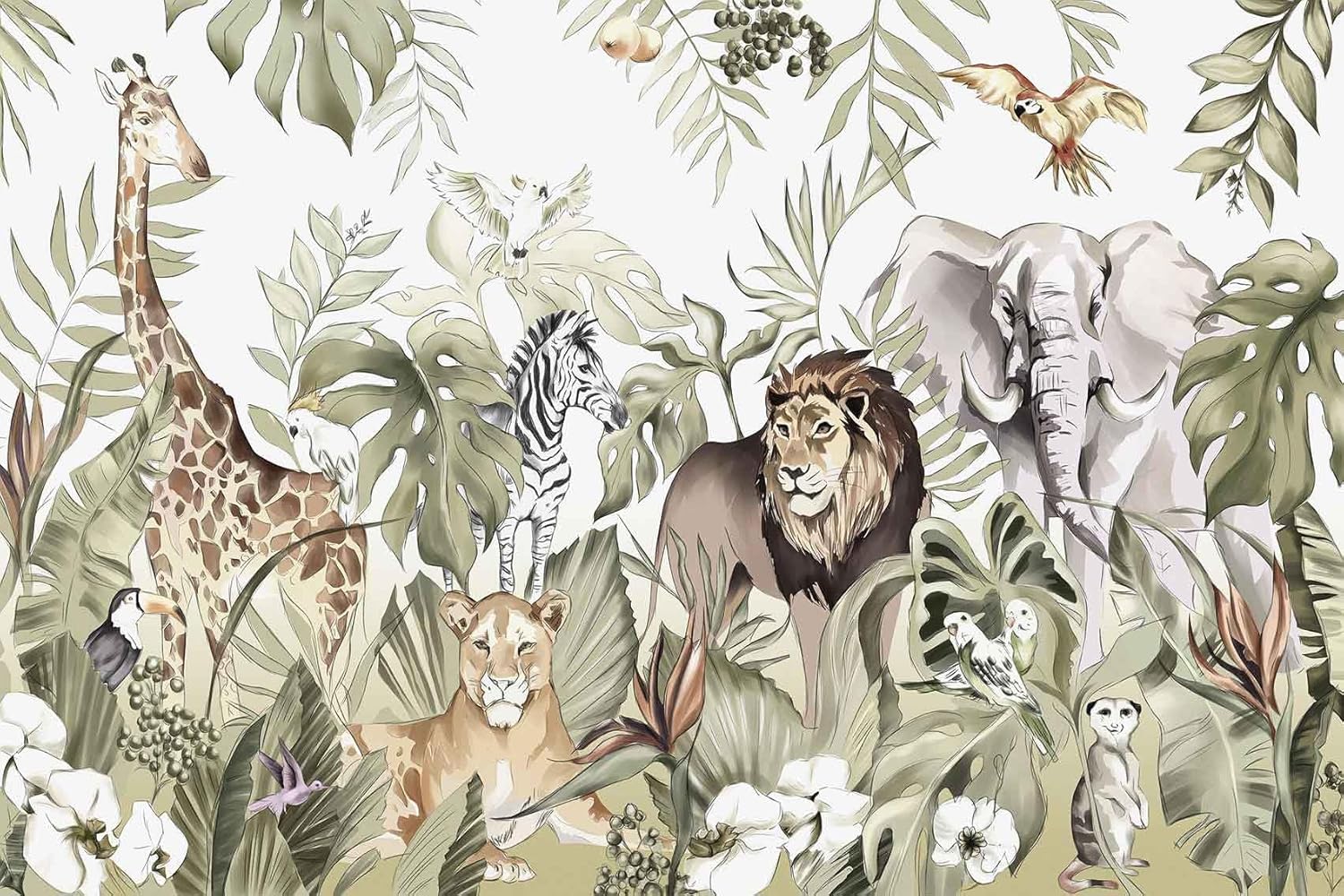 Hand-Painted Beautiful Wall Mural Pattern of Tropical Plants and Various Animals, Large Art Wall Background Wallpaper(Non-self-Adhesive)