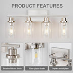 4 Light Bathroom Light Fixtures Brushed Nickel Vanity Light Over Mirror Modern Farmhouse Wall Lighting Sconces Wall Lamp for Bathroom, Bedroom, Living Room E26 Socket with Glass Shade