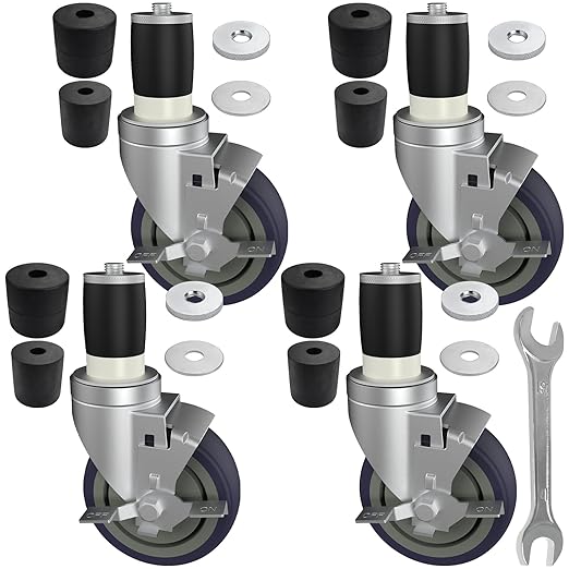 MySit 4 inch Work Table Caster Wheels for Commercial Kitchen Prep Tables, Expanding Stem Casters Set of 4 with Locking Brakes Fit Both 1-1/2" and 1-5/8" Leg Tube Adapter for Stainless Steel Worktable