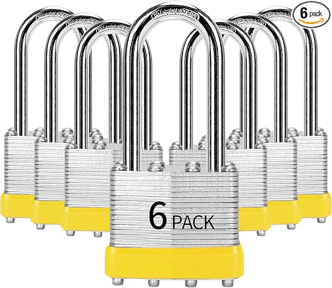 Padlocks Keyed Alike, Pack of 6, Laminated Steel Keyed Lock (1-9/16", 40mm), Padlocks with Same Key, Long Shackle, for Toolbox, Locker & StorageUnit or More