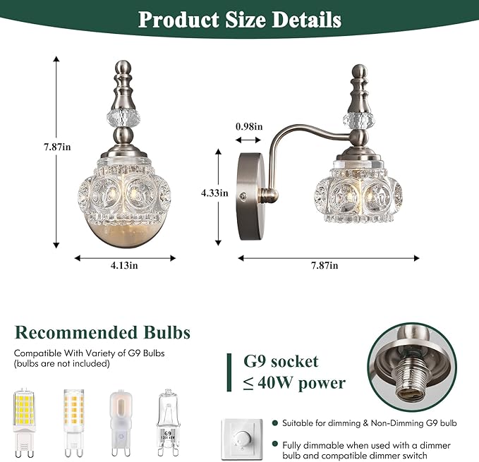 Modern Wall Sconce Set of Two Indoor Wall Lamp Nickel Vintage Wall Sconces Glass Wall Light Bathroom Vanity Light Fixture Wall Mounted Room Sconce Wall Lighting