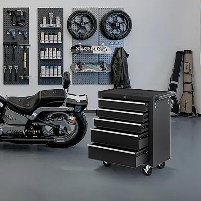 5-Drawer Rolling Tool Chest w/Drawers & Lock, Tool Storage Cabinet with Lockable Wheels, Top Cushion & Drawer Liners, Tool Organizer Box for Garage, Warehouse & Repair Sho