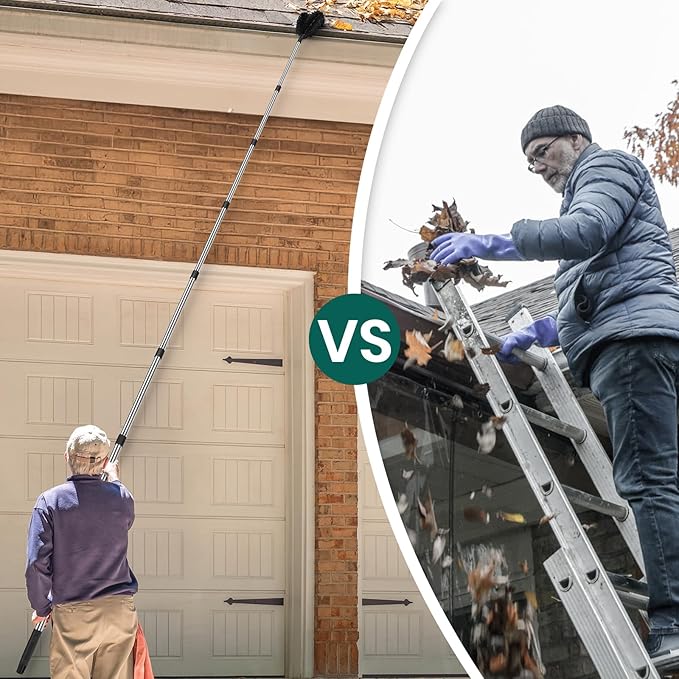 10.5FT Gutter Cleaning Brush with Adjustable Pole - No Ladder, Professional Long Reach Gutter Brush with Replaceable Brush for Removing Leaves and Trash from Roof Gutters