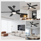 52 Inch Ceiling Fans with Lights and Remote, Modern Indoor Outdoor Ceiling Fan for Bedroom Living Room Patio Porch, 6 Speeds, Reversible Quiet Motor, Dual Finish Wooden Blades, Black