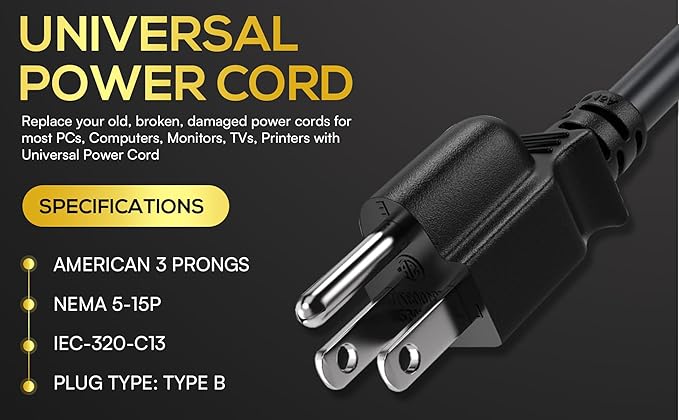 CableLeader 8ft 18 AWG Universal Power Cord IEC320 C13 to NEMA 5-15P, Extension Power Cord, Compatible with Computers, Monitors, Printers & TVs, Black