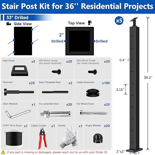 36" Expandable 16-20FT Black T304 Cable Railing Post Kit, Complete Cable Railing System with 5 Stair Posts, 216ft 1/8" Wire Rope(No Handrail), Adjustable Length Easy DIY for 25-35°Stairway