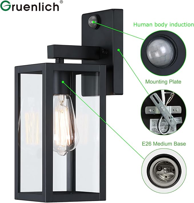 GRUENLICH Dusk to Dawn Large Outdoor Wall Lantern, PIR Motion Sensor Wall Sconce, E26 Base Max 60W, Metal Housing Plus Glass, Matte Black Finish, Bulb Not Included, 2-Pack