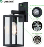 GRUENLICH Dusk to Dawn Large Outdoor Wall Lantern, PIR Motion Sensor Wall Sconce, E26 Base Max 60W, Metal Housing Plus Glass, Matte Black Finish, Bulb Not Included, 1-Pack
