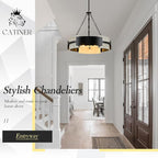 Industrial Drum Chandelier 24" 6-Light Modern Chandelier Black Metal Hanging Light Fixture Weathered Wood Grain for Living Dining Room Foyer Entryway Kitchen