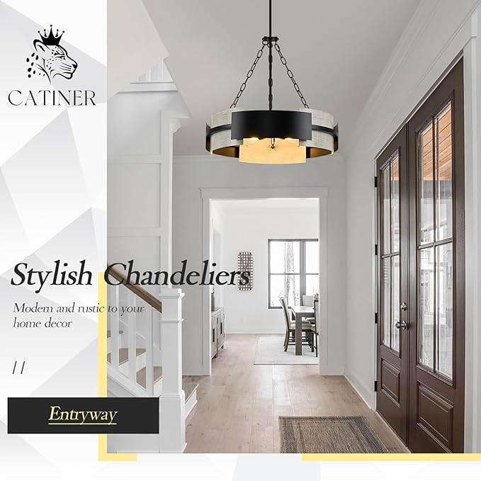 Industrial Drum Chandelier 24" 6-Light Modern Chandelier Black Metal Hanging Light Fixture Weathered Wood Grain for Living Dining Room Foyer Entryway Kitchen