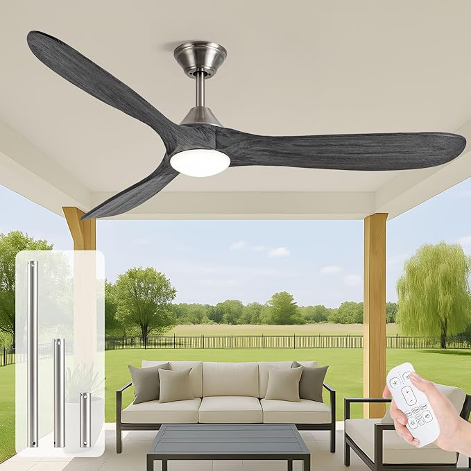 52 inch Ceiling Fan with Light, Outdoor Ceiling Fans for Patios 3 Blade Dimmable Solid Wood Ceiling Fan with Lights, Farmhouse Propeller Ceiling Fans for Indoor, Porch, Exterior, DC Motor