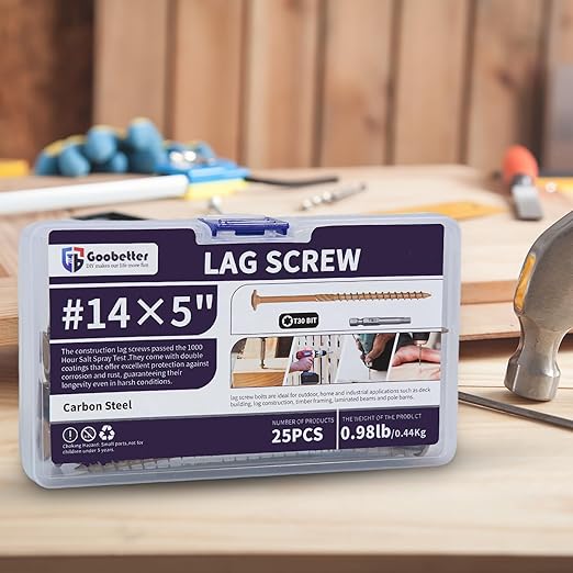 Lag Screws 5 Inch, 25PCS Heavy Duty Construction Screw, Structural Wood Screw #14 x 5, Rust Resistant, Washer Head, Yellow Coated Exterior Wood/Lag Screws, Star Drive with Bit