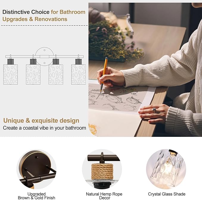2025 Upgrade Bathroom Light Fixtures, 4-Light Coastal Vanity Lights with Crystal Glass Shade, Oil-Rubbed Bronze Bathroom Wall Lamp for Mirror Kitchen Hallway Cabinet