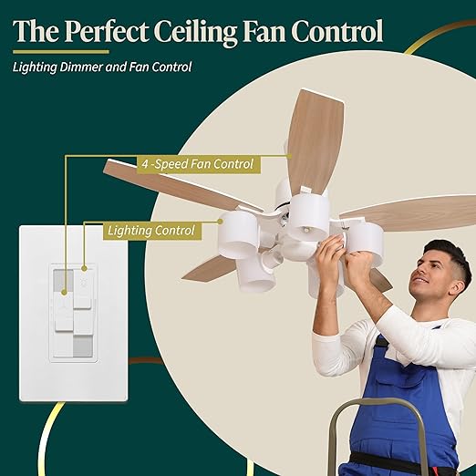 TOPGREENER Kalide Combo Dimmer Switch with 3-Speed Fan Control for Dimmable 200W LED/CFL Lights and Fan Combination Switch, Single Pole, Neutral Wire Not Required, TGDSFS3-W, White