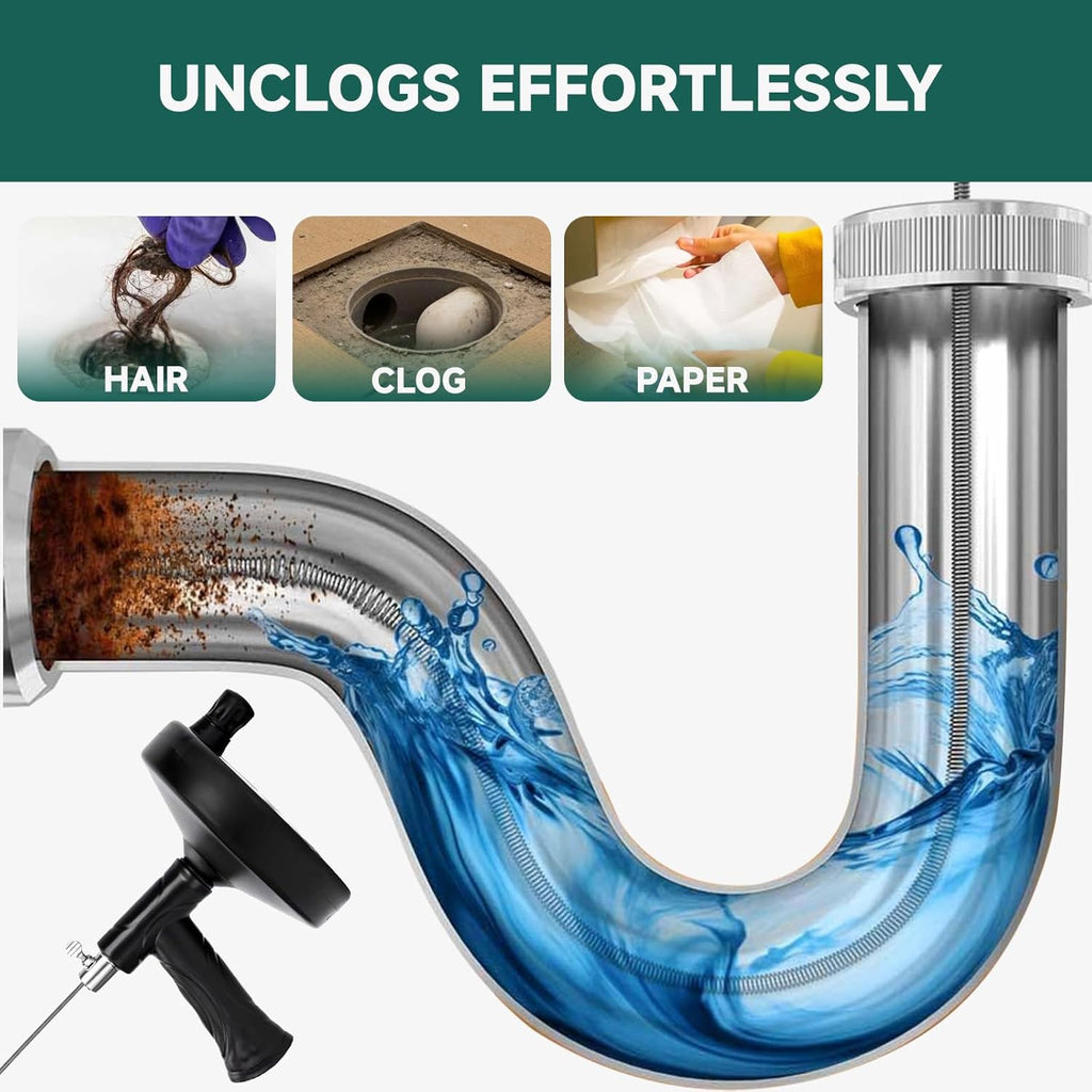 Drain Snake Auger 33 Feet，Spiral Drill Drain Cleaner for Toilet, Sink, Shower & Bathtub，Hair & Blockage Removal Tool ，Reusable Eco-Friendly Kit with Gloves & Safety Glasses