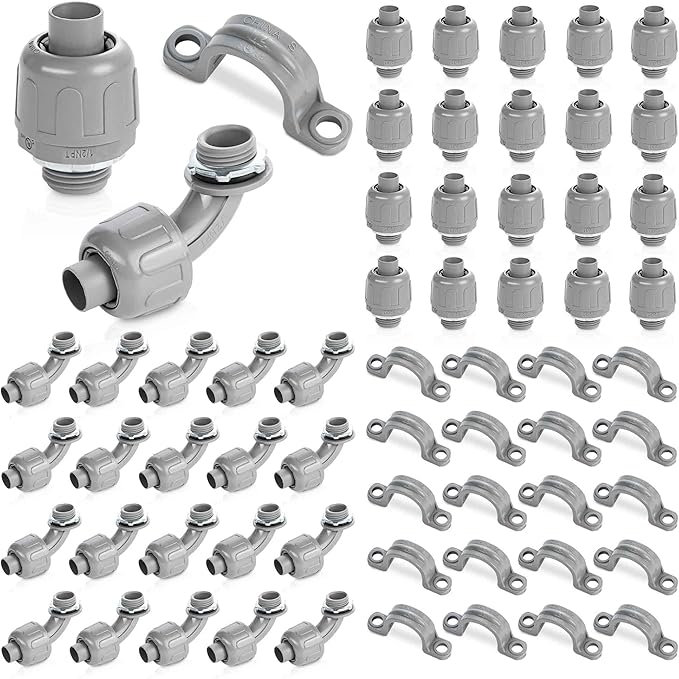 (1/2" Conduit Parts 60 Pack) Yariwiz 1/2 PVC Electrical Conduit Fitting Plastic Liquid Tight Conduit Connector Kit, Include 20 Conduit Couplings, 20 Conduit 90 Degree Elbows and 20 Conduit Straps