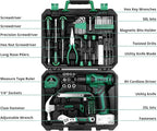Tool Kit: 8V Cordless Drill, Home Toolbox with storage case, Hand Tool set for Home Repairs 126 Piece, Green