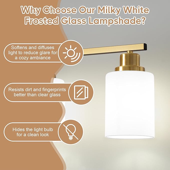 Ascher Bathroom Light Fixtures, 4-Light Vanity Light Over Mirror, Gold Wall Sconces with Milky White Frosted Glass Shades, Wall Lamp for Living Room Bedroom, E26 Base(Bulbs Not Included)