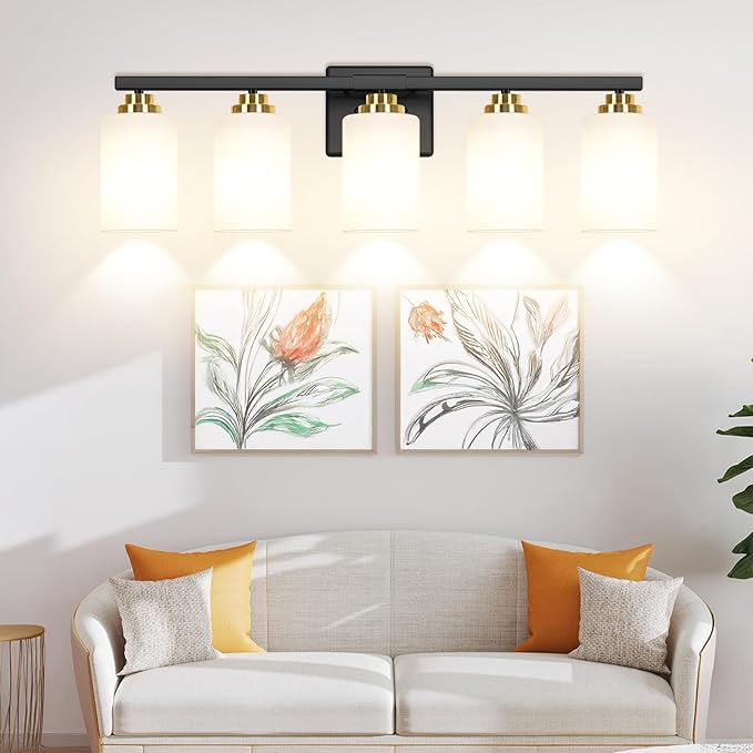 5-Light Bathroom Light Fixtures, 31" Modern Vanity Lights Over Mirror with Milky White Glass Shade, Black & Gold Light Fixture, Classic Wall Light Fixture for Mirror Living Room Cabinet Bedroom Porch