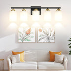 5-Light Bathroom Light Fixtures, 31" Modern Vanity Lights Over Mirror with Milky White Glass Shade, Black & Gold Light Fixture, Classic Wall Light Fixture for Mirror Living Room Cabinet Bedroom Porch