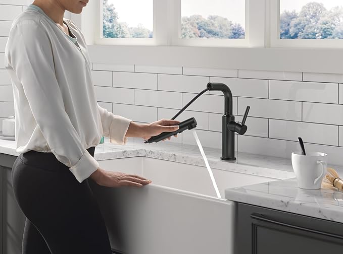 Delta Daneri Matte Black Kitchen Faucet with Pull-Out Sprayer, Modern Single Hole Kitchen Sink Faucet, Single Handle, Matte Black 16879-BL-DST