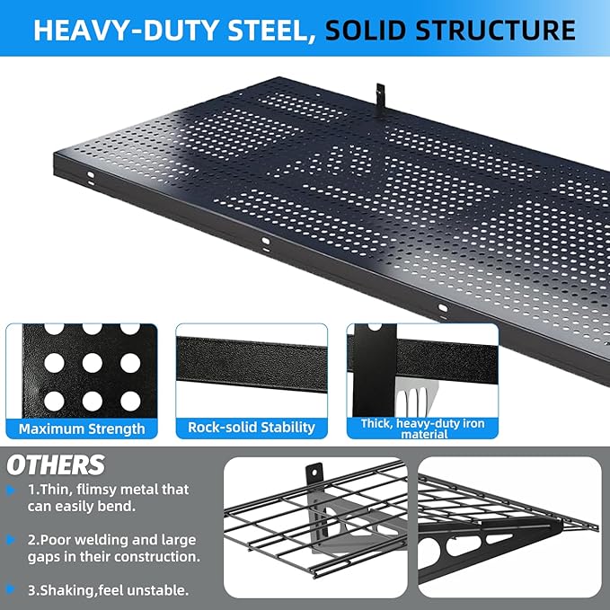 2-Pack 1.64x4ft Heavy Duty Adjustable Garage Wall Shelving, 520 lbs Load Capacity, Garage Shelving Wall Mounted, Floating Storage Rack with Hooks (Balck)