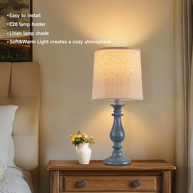 Lamps Set of 2 Vintage Rustic Farmhouse Table Lamps Bedside Reading Lamp Bedroom Nightstand Living Room Teapoy Lamp, Desk Light, 22 Inch High, Navy Blue, with Fabric Shade, Bulb Not Included