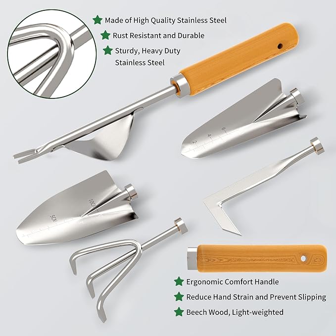 Gardening Tools 20-Piece Heavy Duty Garden Hand Tools Stainless Steel Ergonomic Rust-Proof Garden Tool Set - with Fashion and Durable Garden Tools Storage Bag - Ideal Gardening Gifts for Women