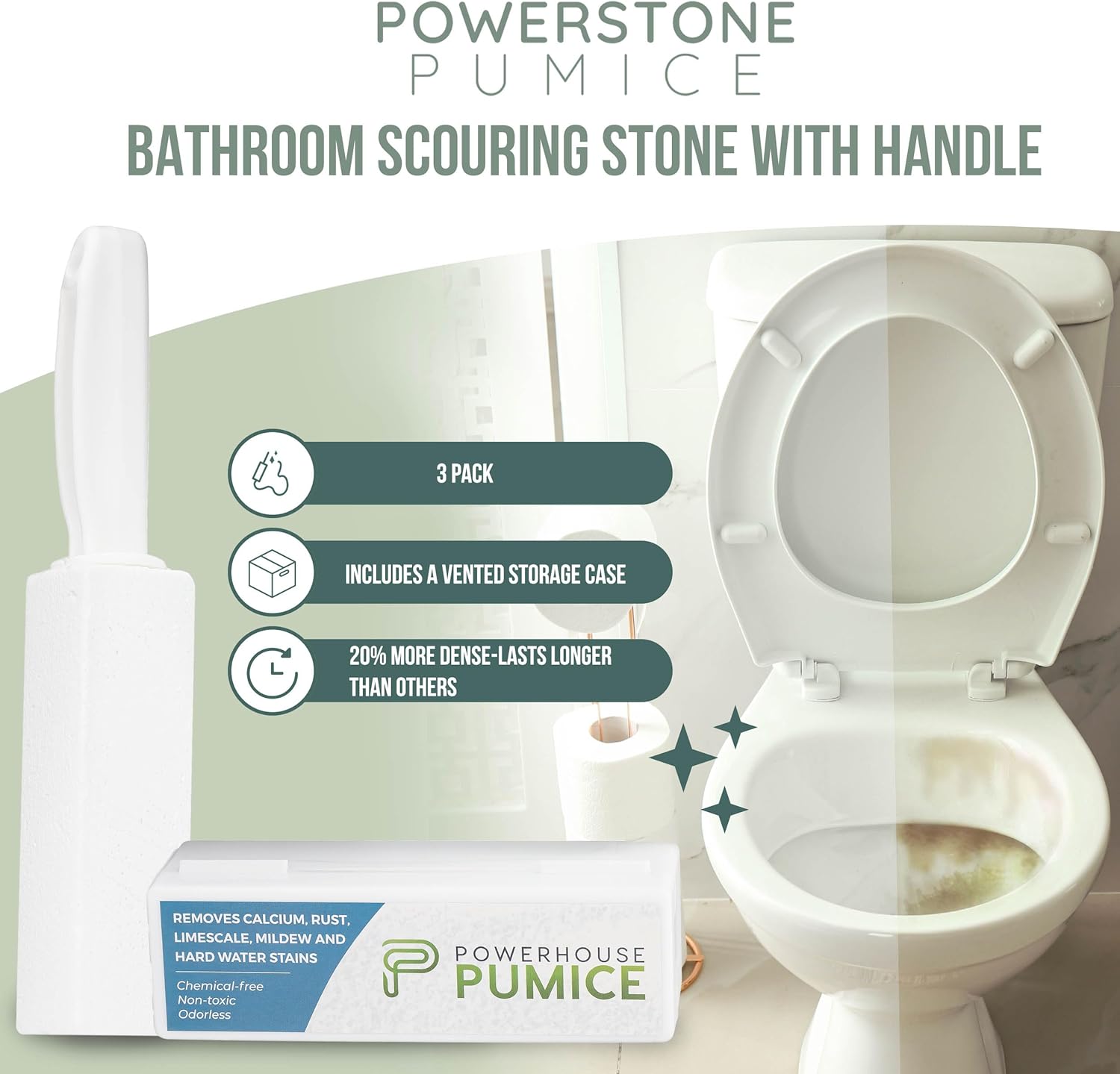 Powerstone Pumice Stone Toilet Bowl Cleaner with Handle (3-pack) - A Reliable and Harmless Solution for Cleaning Limescale Deposits & Hard Water Stains on Toilets, Grills, Tiles, Grout & Pools